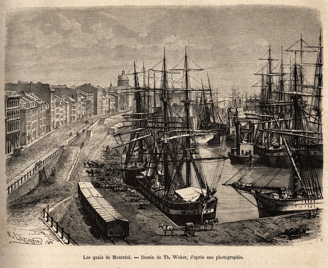 Les quais de Montreal, gravura após um desenho de Th. Weber, ilustrando a excursão ao Canadá e a Riviere Rouge du nord, de H. De Lamotte, em 1873, publicado em "Le tour du monde" 1875, editado por Edouard Charton, edição Hachette, Paris. Selv de Theodore Weber