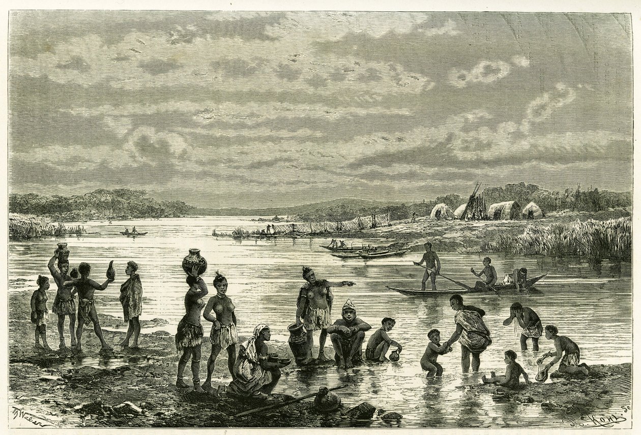 A vida nas margens do rio Zambeze, os marutses estão muito preocupados com a sua limpeza e a lavagem para eles é uma actividade de primeira necessidade. Gravação de Th. Weber, para ilustrar a história "Au pays des Marutses", em 1875-1879, do Dr. Emile Holu de Theodore Weber