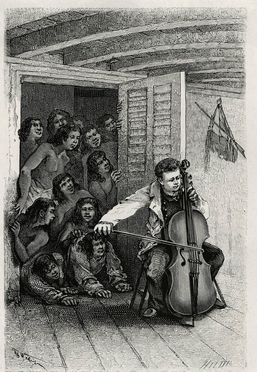 Retrato do autor viajante, tocando violoncelo e atraindo um público de curiosos. Gravura de Th.Weber, para ilustrar a história "Les Iles Wallis", do Dr. Emile Deschamps, médico major da 80ª infantaria. Publicado em Le Tour du monde, nou de Theodore Weber