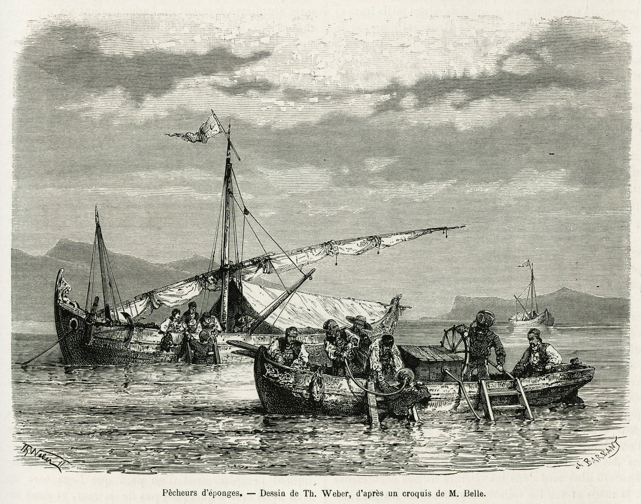 Pescadores espongiformes no Golfo de Nafplio, desenho de Th. Weber, para ilustrar a história de uma viagem à Grécia em 1861.1868 e 1874, de Henri Belle. Gravura em Le tour du monde de Theodore Weber