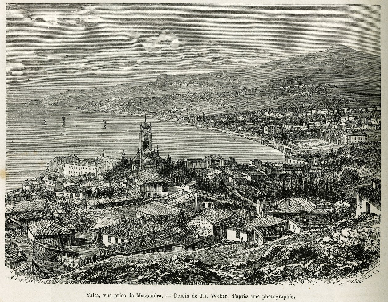 A cidade de Ialta, tomada de Massandra, desenho de Th.Weber, para ilustrar a história Quatro Meses na Rússia, em 1876, de F. De Mely. Gravura em Le tour du monde de Theodore Weber