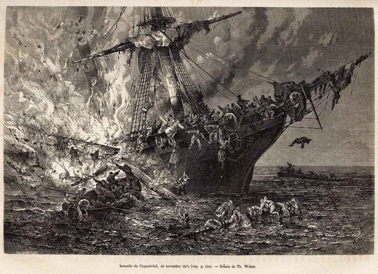 O incêndio do Cospatrick, um navio britânico que transportava mais de 400 emigrantes para a Nova Zelândia, em 19 de Novembro de 1874, gravado após um desenho de T. Weber, ilustrando o estudo das tempestades e viagens, pelo Sr. Zurcher e Sr. Margolle, em 18 de Theodore Weber