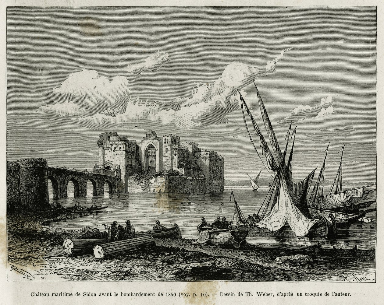 O castelo marítimo de Sidon antes do bombardeamento de 1840. Gravação de Th. Weber, para ilustrar a história La Syria d