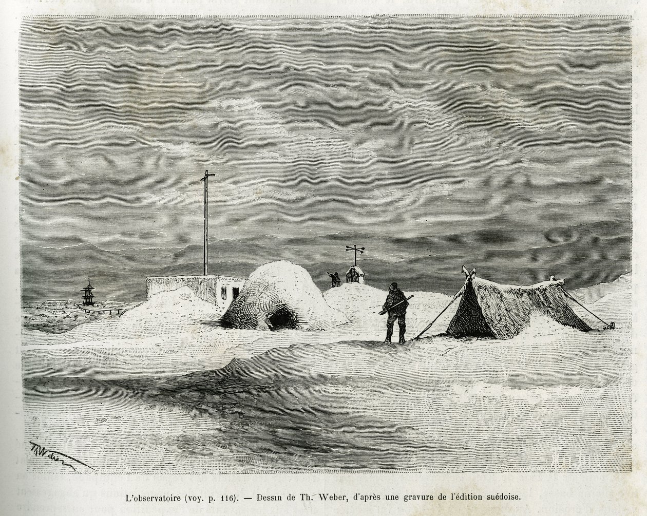 O observatório meteorológico foi instalado na baía de Koljutschin (círculo polar), enquanto o navio La Vega foi apanhado no gelo e a tripulação se preparava para a invernada. Gravado por Th.Weber, para ilustrar a história "Viagem do Vega pela Ásia a de Theodore Weber