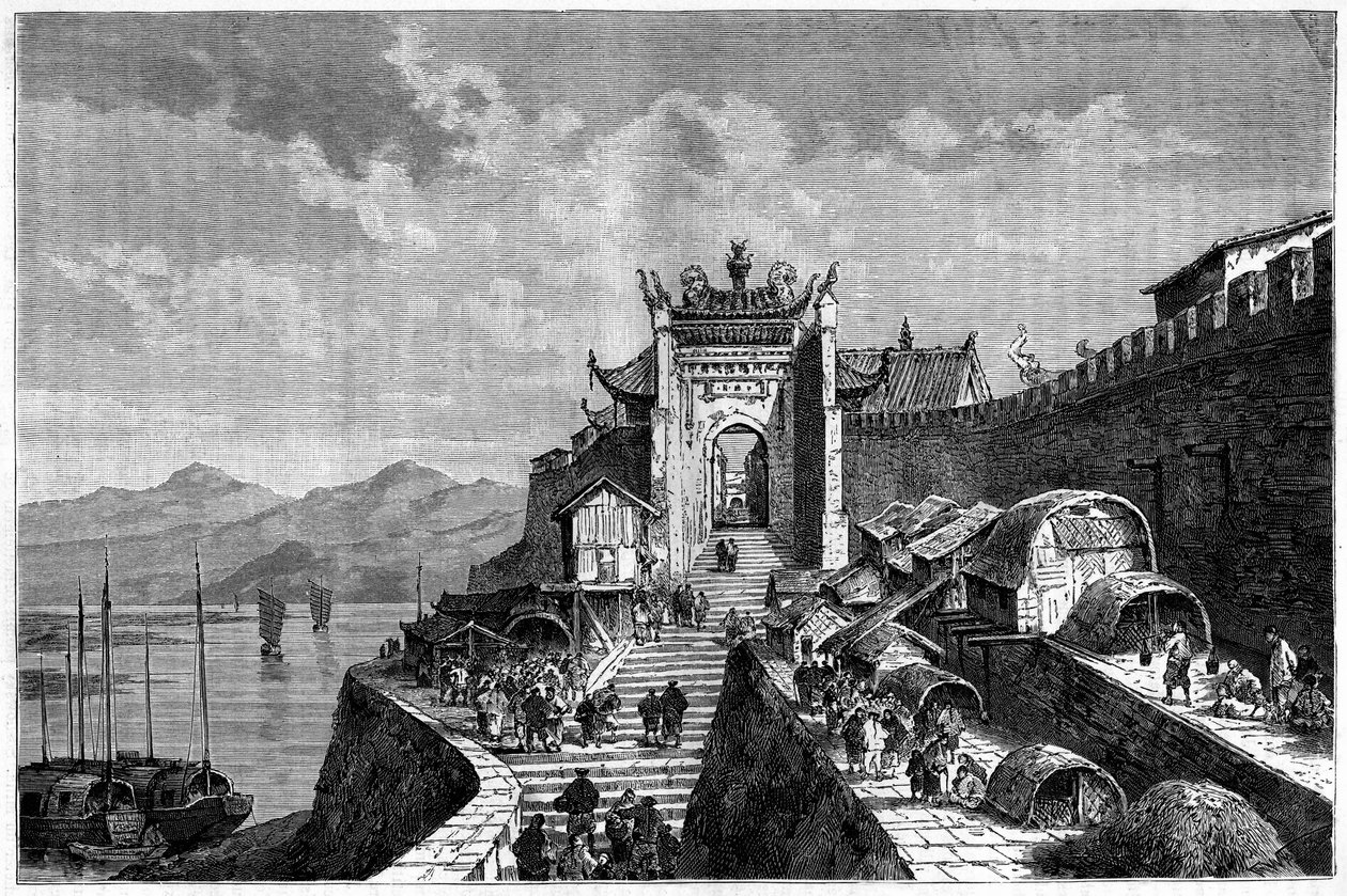 Vista da Porta de Xangai no Rio Huangpu, China, nos anos 1870-1880. Gravura após um desenho de Weber, em "Le Tour du Monde, Nouveau journal des Voyages", editado por Edouard Charton, Paris de Theodore Weber