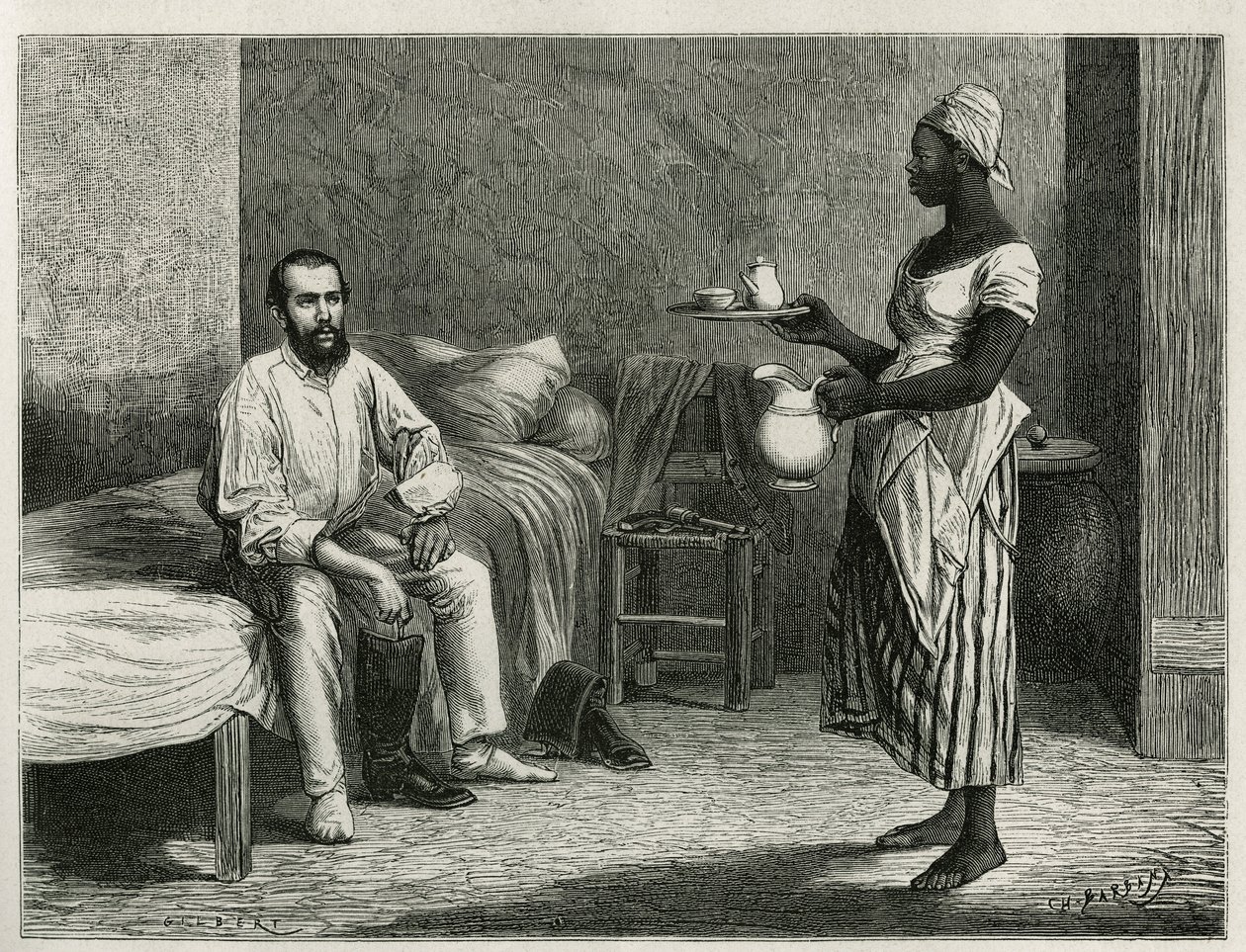 Retrato do autor e viajante, ao despertar, sendo servido o café em seu quarto por uma jovem haitiana, gravada por T.Wust, para ilustrar a história La republique d