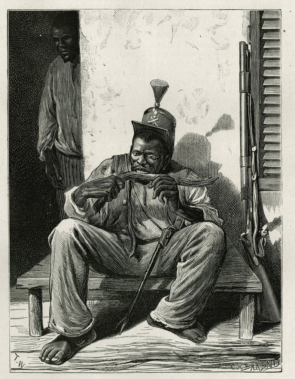 A facção do escritório do lugar, espingarda encostada à parede, devorando um pedaço de cana de açúcar, gravada por T.Wust, para ilustrar a história La republique d