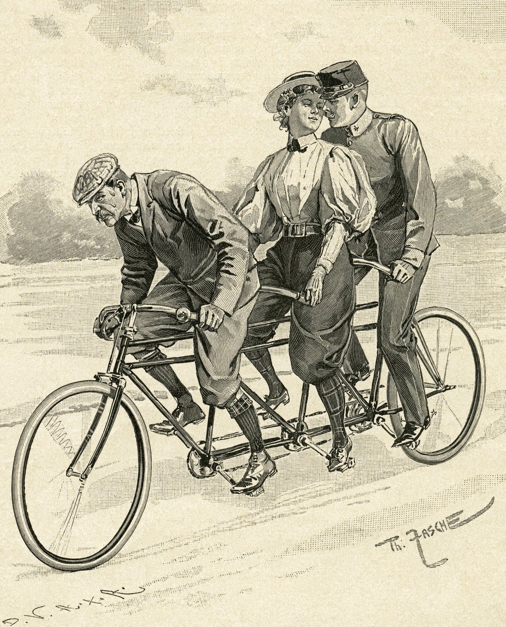 Bicicleta para três pessoas, designada por bicicleta tandem de Theodore Zasche