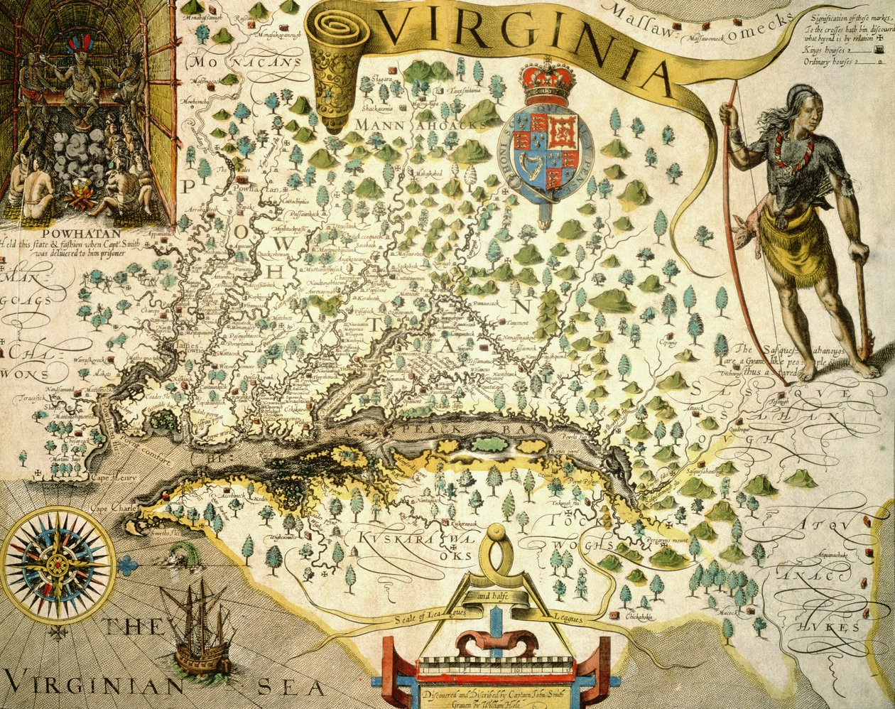Sloane MS 1622 Mapa da Virgínia, mostrando na parte superior esquerda uma imagem do Chefe Powhatan por John Smith (1580-1631) 1624 (gravura colorida à mão) de Theodore de (after) Bry