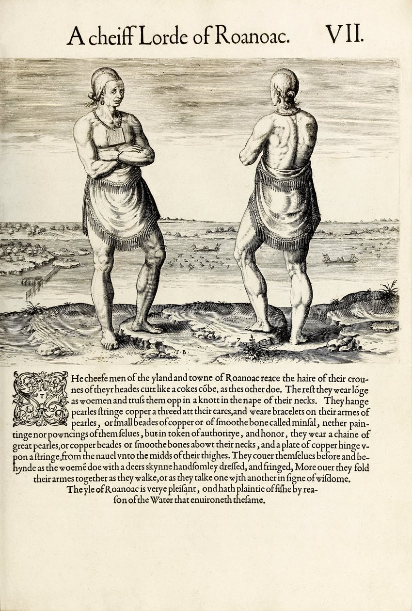 Um Chefe Senhor de Roanoac, de "A Briefe and True Report of the New Found Land of Virginia", de Thomas Harriot (gravura) de Theodore de Bry