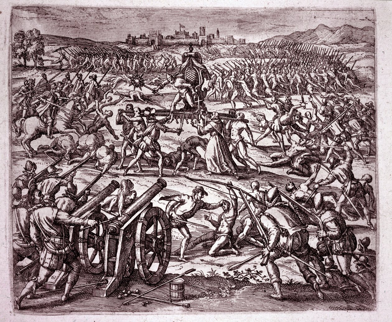Um monge dominicano, sentindo-se ridicularizado pelo rei inca Atahualpa (Atabaliba), encoraja Francisco Pizarro a buscar vingança (Gravura de Theodore de Bry