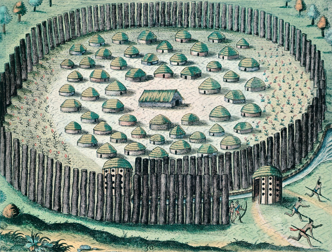 Uma vila indígena fortificada, Ilustração de The Discourse of Florida, de Theodore de Bry, gravura de Theodore de Bry