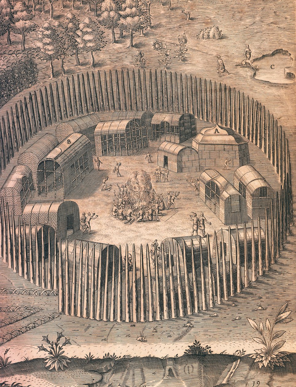Um acampamento indígena fortificado na Virgínia de Theodore de Bry