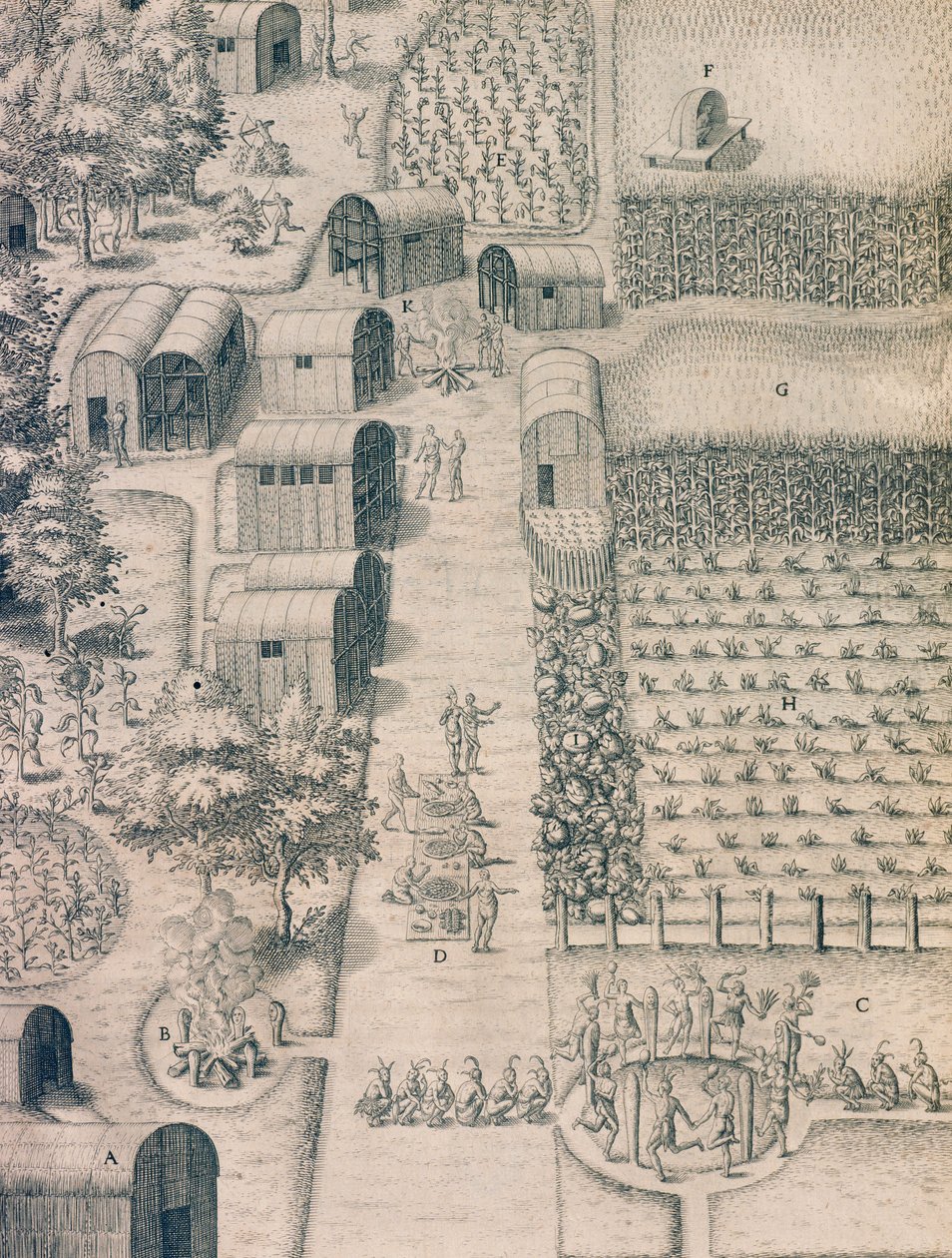 Uma aldeia indígena nativa rodeada por terras cultivadas na Virgínia de Theodore de Bry