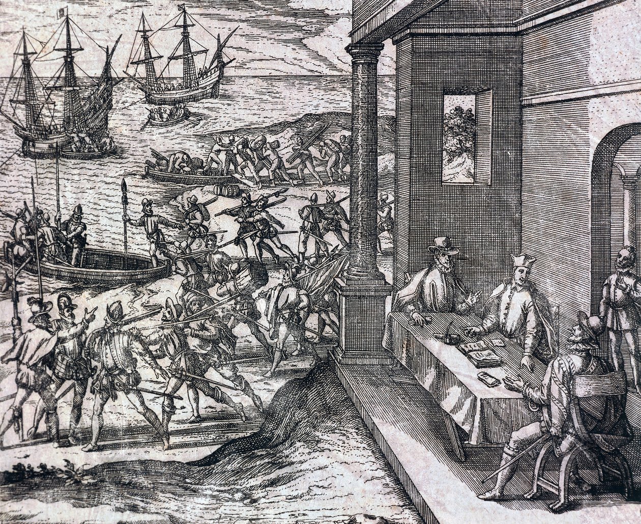 Acordo entre Francisco Pizarro, Diego de Almagro e Hernando de Luque para explorar e explorar o Peru de Theodore de Bry