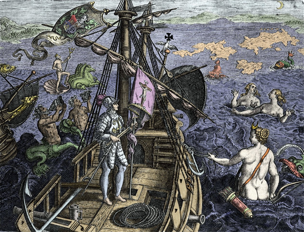Allegorie des voyages de Christopher Columbus (1451-1506), gravura de "Historia Americae sive Novi Orbis" de Theodor de Bry (1527-1598), Amsterdam 1594 de Theodore de Bry