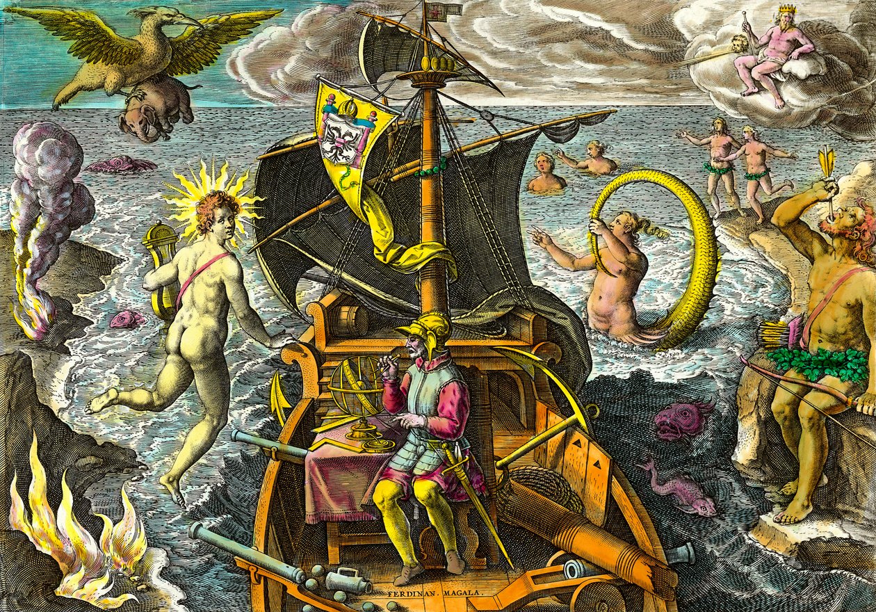Alegoria nas viagens do navegador Fernand de Magalhães (1480-1521), retrata no seu navio usando uma esfera armilar e rodeia personagens mitológicos e animais fantásticos. Gravura de "Admirante Narratio Americae" de Theodore de Bry (1528-159) de Theodore de Bry