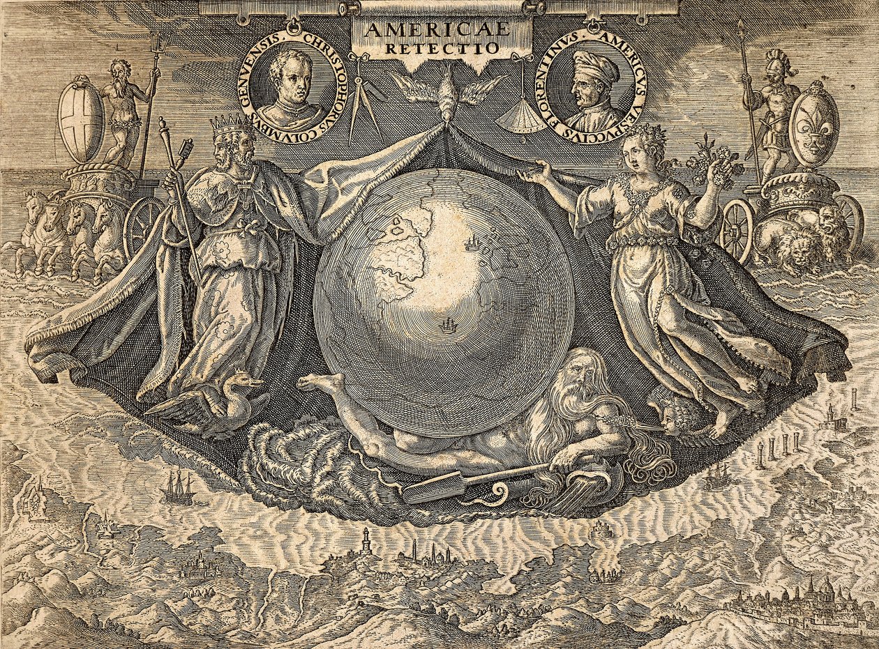 Alegoria das Índias Ocidentais ou Américas, com retratos dos navegadores Cristóvão Colombo e Américo Vespucci de Theodore de Bry
