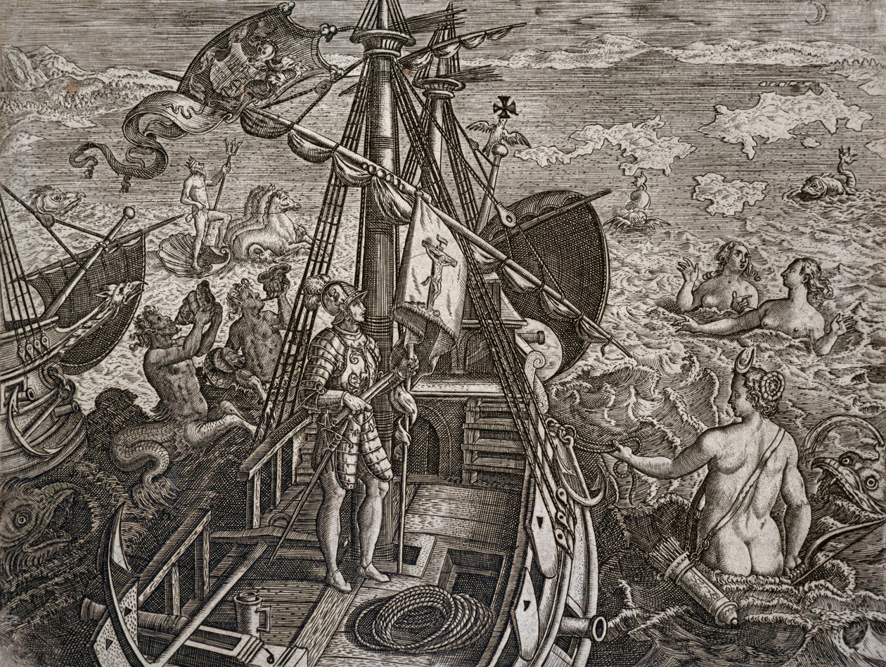 Alegoria da viagem de Cristóvão Colombo à descoberta do Novo Mundo, gravada por Theodor de Bry (1528-1598) de Theodore de Bry
