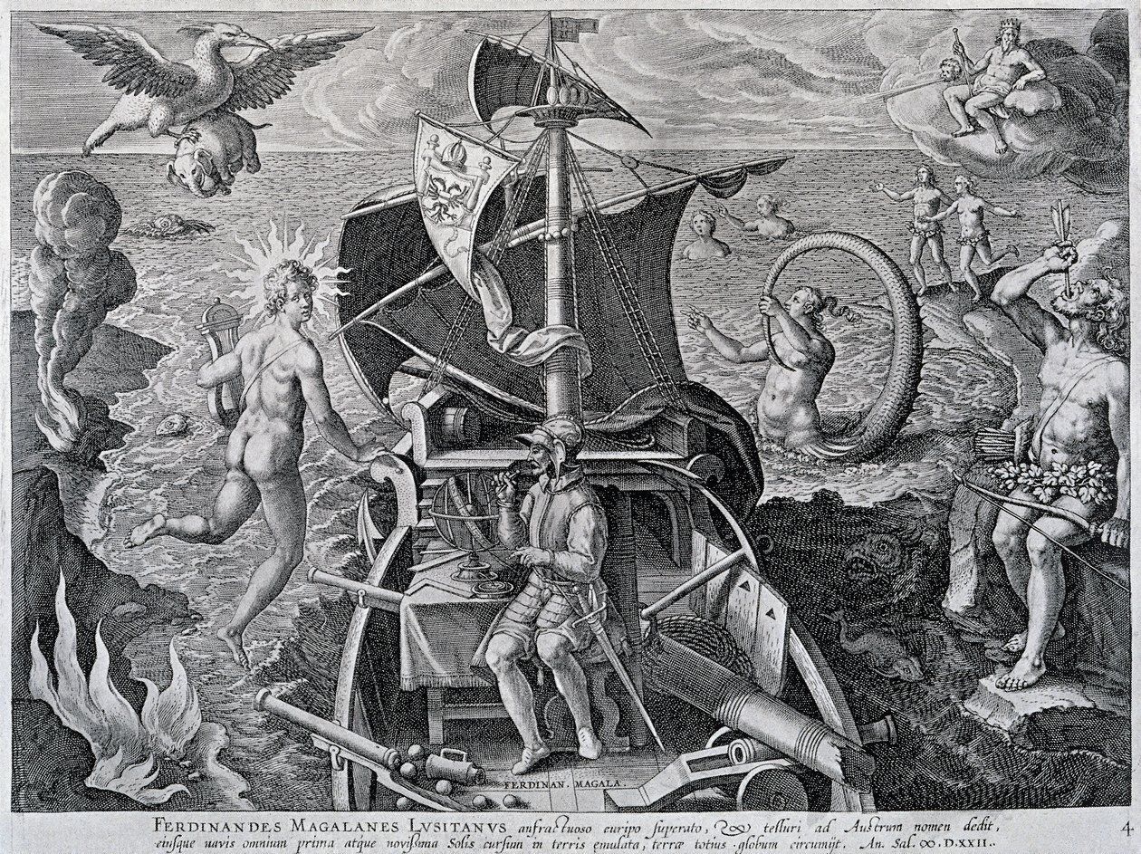 Alegoria sobre as viagens de Fernão de Magalhães (1480-1521), por Theodor de Bry (1528-1598) de Theodore de Bry