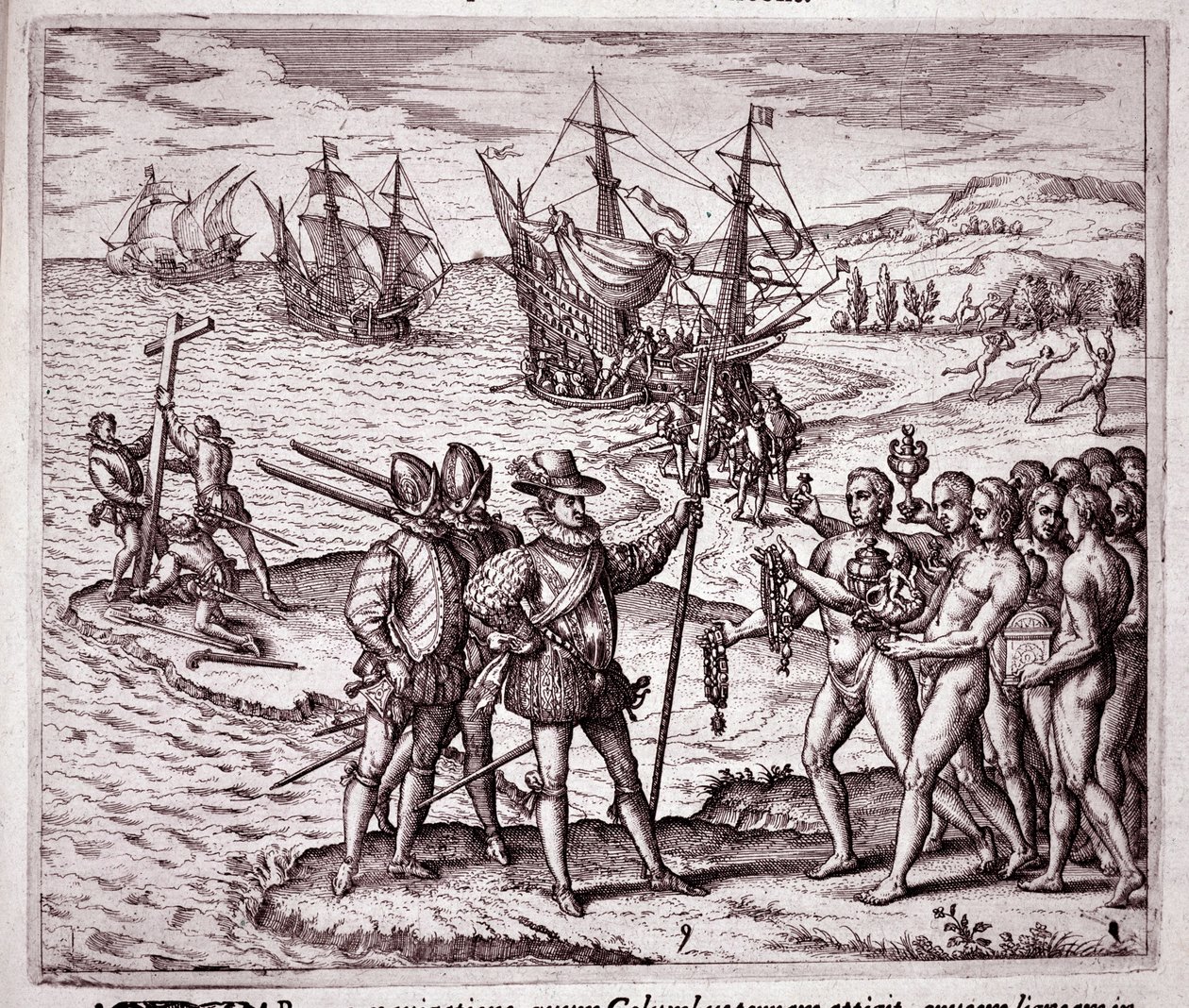 Chegada de Cristóvão Colombo à ilha de Hispaniola, nas Índias Ocidentais (Gravura de Theodore de Bry