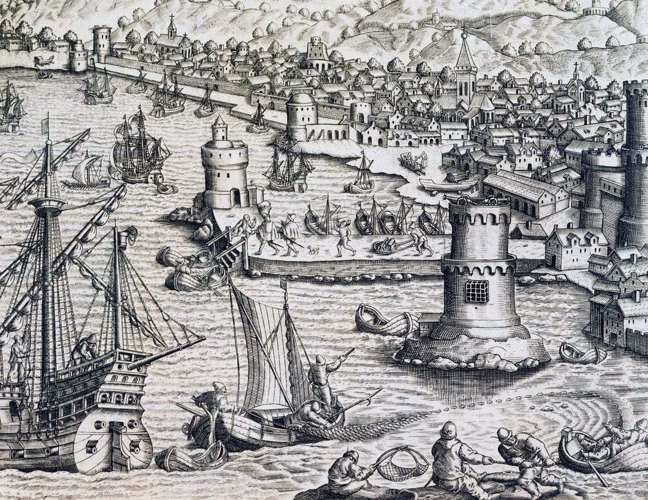 Chegada de Girolamo Benzoni ao porto de La Palma, gravura de Historia Americae, de Theodor de Bry (1528-1598), Frankfurt de Theodore de Bry