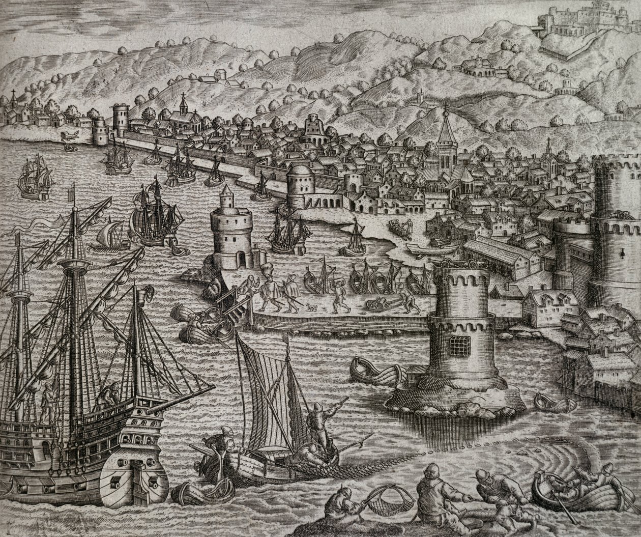 Chegada de Girolamo Benzoni ao porto de Las Palmas durante sua viagem às Américas (1541), Ilhas Canárias, gravura de Theodor de Bry (1528-1598) de Theodore de Bry