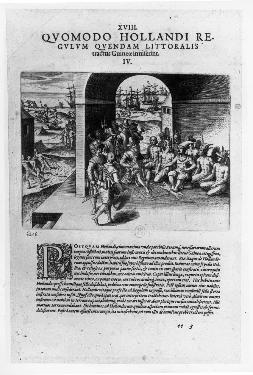 Chegada dos líderes holandeses à Guiné: a negociação para a compra de escravos destinados a ser vendidos de volta aos conquistadores espanhóis, em "Petits Voyages", 1585-88 de Theodore de Bry