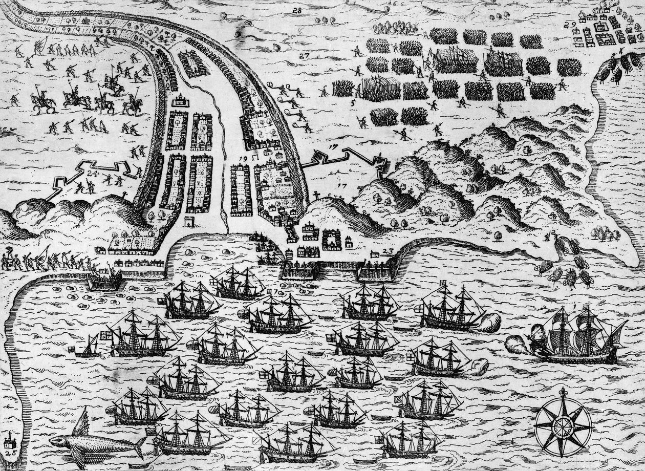 Ataque a Santiago em 27 de Novembro de 1585 (gravura) de Theodore de Bry