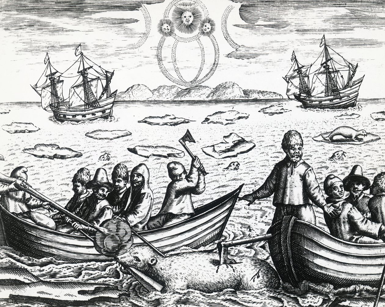 Aurora boreal e caça ao urso branco durante a terceira expedição liderada por William Barents (ca. 1550-1597) em busca da Passagem Nordeste em 1596, por Theodor de Bry (1528-1598), gravando de Theodore de Bry