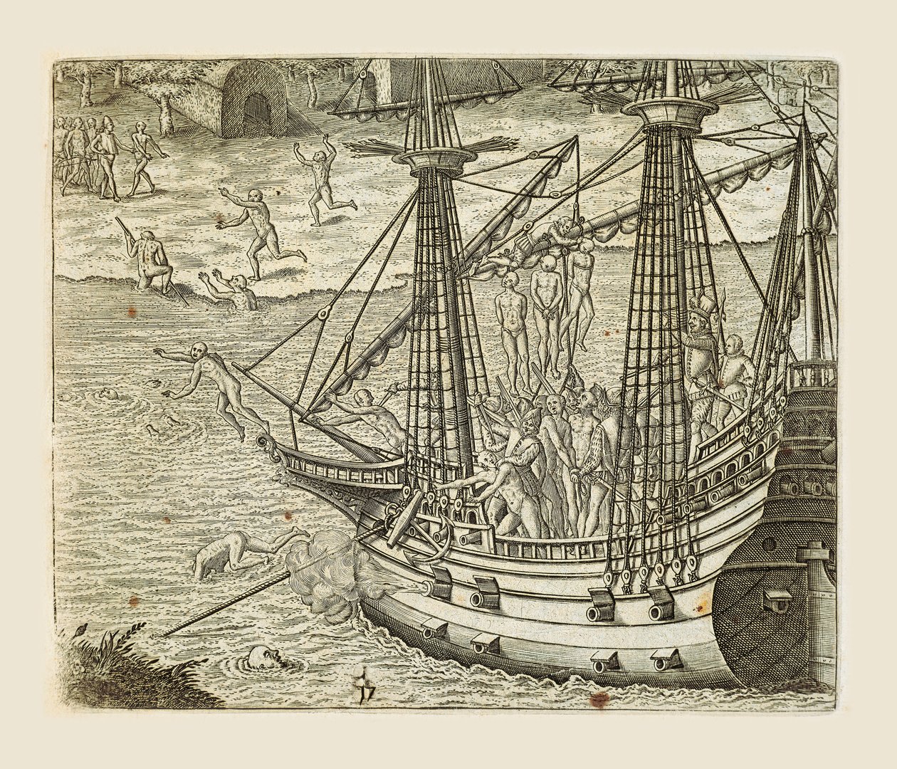 Bartolomeo Diaz pendurando alguns indianos na caravela, gravura de Theodor de Bry (1528-1598) de Americae pars quarta, sive, Insignis et admiranda historia de reperta primum Occidentali Índia Christophoro Columbo, de Girolamo Benzoni de Theodore de Bry