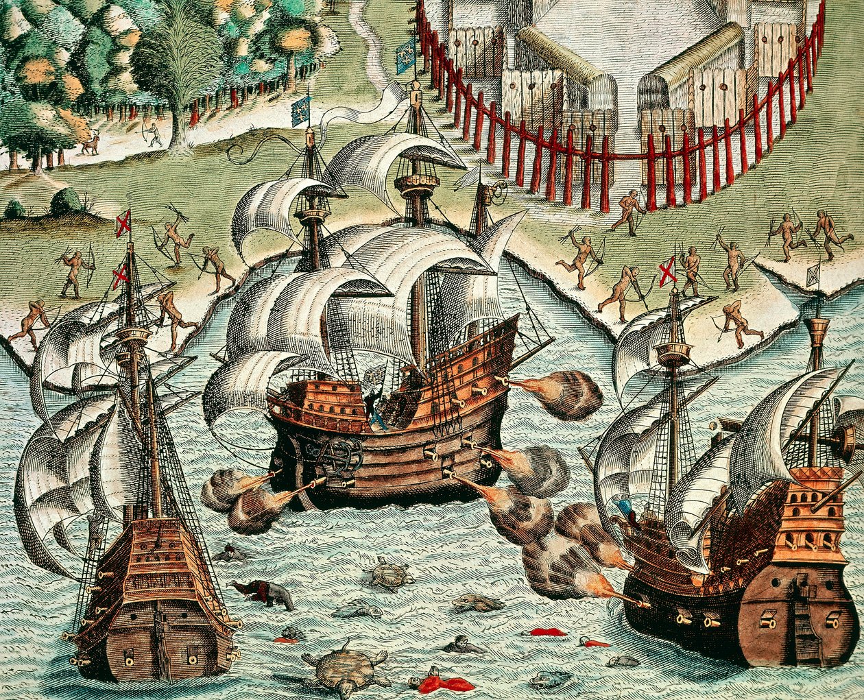 Batalha entre franceses e portugueses ao largo de Buttugar de Theodore de Bry