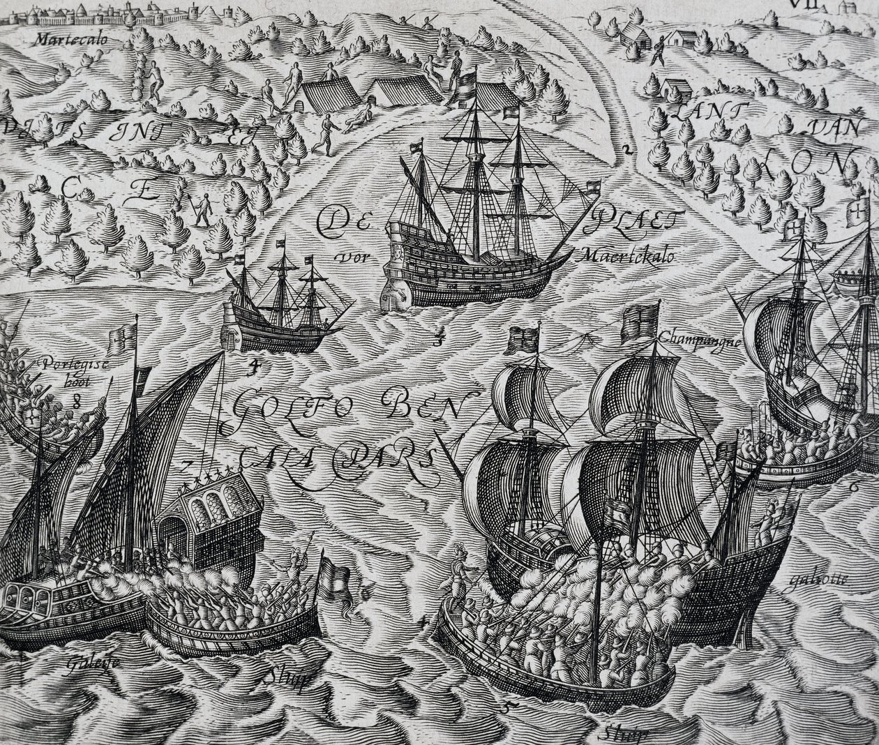 Batalha em frente da cidade de Matical na Baía de Bengala, gravura de Indiae Orientalis, de Theodor de Bry (1528-1598) de Theodore de Bry
