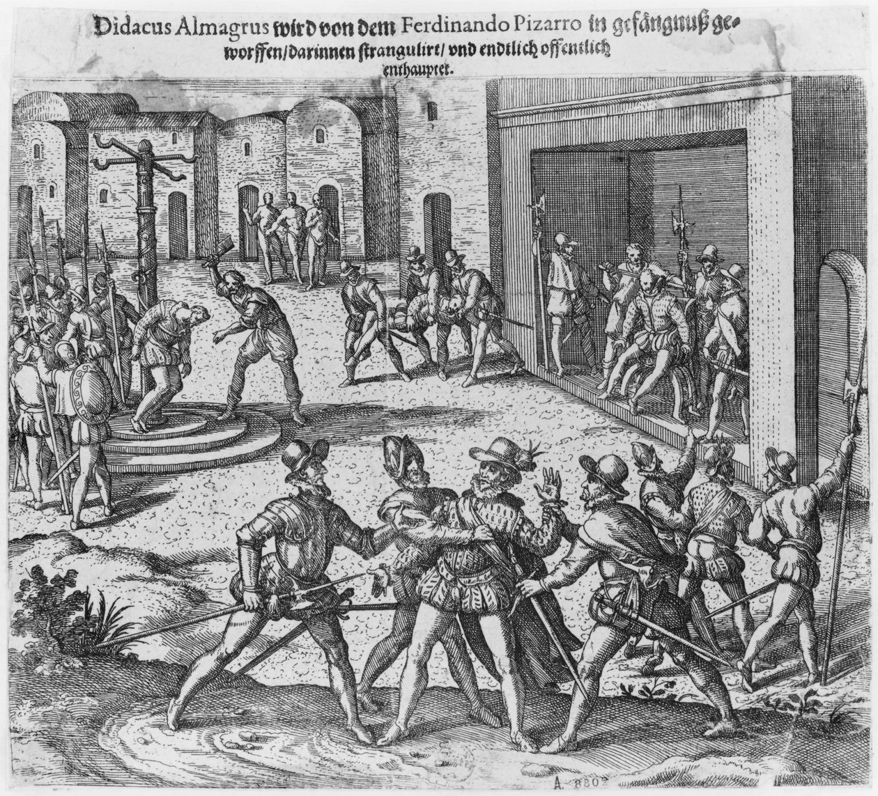 Captura, julgamento e execução de Diego de Almagro por ordem de Francisco Pizarro de Theodore de Bry