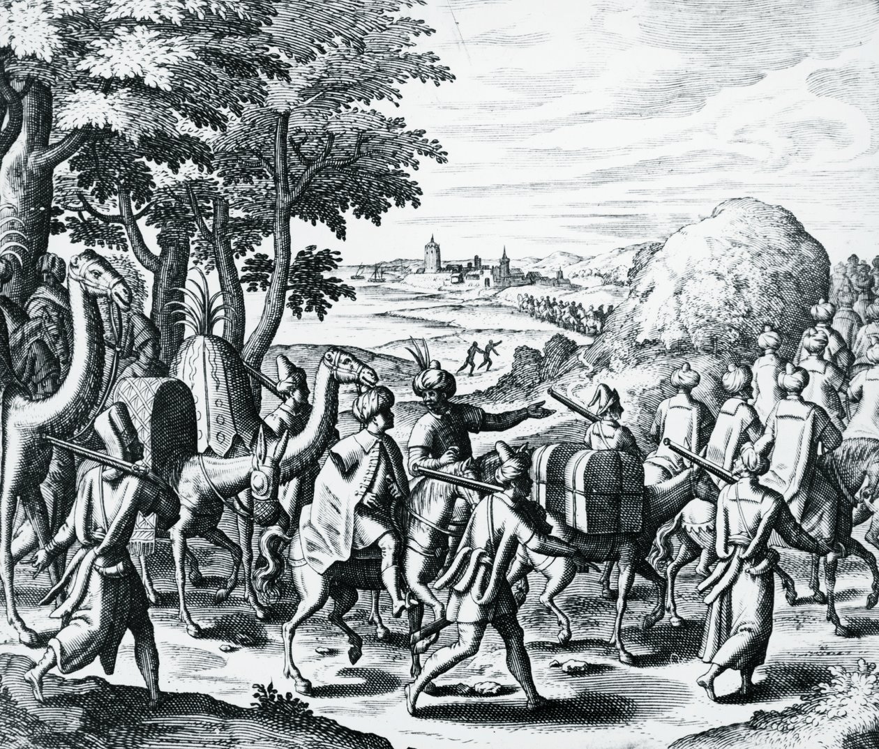 Caravana de comerciantes árabes viajando de Alepo a Basra, gravura de Grands e Petits Voyages, de Theodor de Bry (1528-1598), Oriente Médio de Theodore de Bry