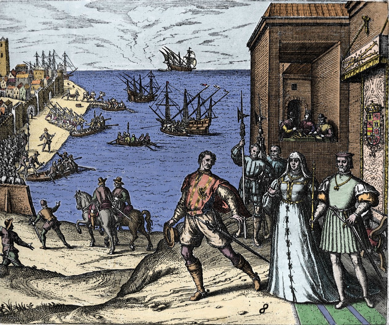 Cristóvão Colombo e os irmãos Pinzon deixam o porto de Palos, na Espanha, em 08/03/1492, para o Novo Mundo. À direita O Rei e Rainha de Portugal Fernão de Aragão e Isabel Iere de Castela. Gravura de Theodore de Bry em "Admirante de Theodore de Bry