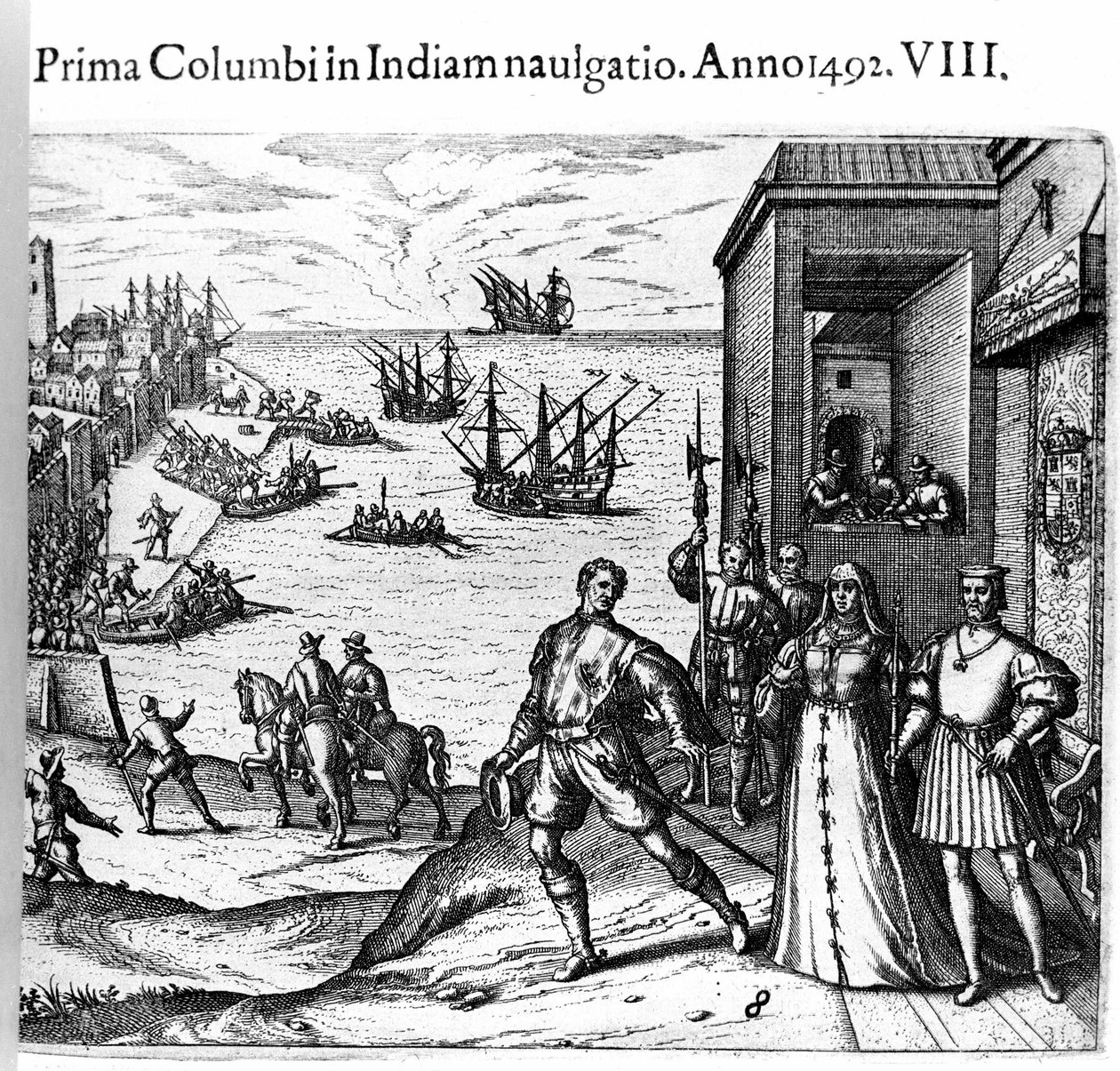 Cristóvão Colombo e os irmãos Pinzon deixam o porto de Palos, na Espanha, em 08/03/1492, para o Novo Mundo. À direita O Rei e Rainha de Portugal Fernão de Aragão e Isabel Iere de Castela. Gravura de Theodore de Bry em "Admirante de Theodore de Bry