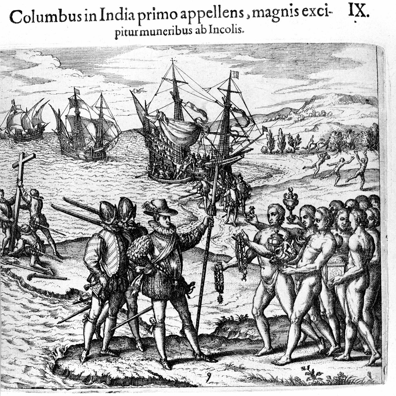 Cristóvão Colombo chega às Índias Ocidentais. Gravura de Theodore de Bry em "Admirante Narratio - Americae". de Theodore de Bry
