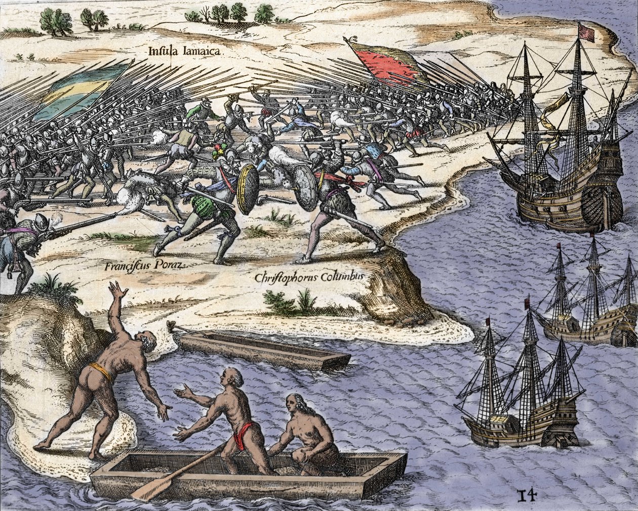 A quarta viagem de Cristóvão Colombo à Jamaica em 1502-1504: batalha contra Francisco Poraz. Gravura de "Historia Americae sive Novi Orbis" de Theodor de Bry (1527-1598), Amsterdam 1594. de Theodore de Bry