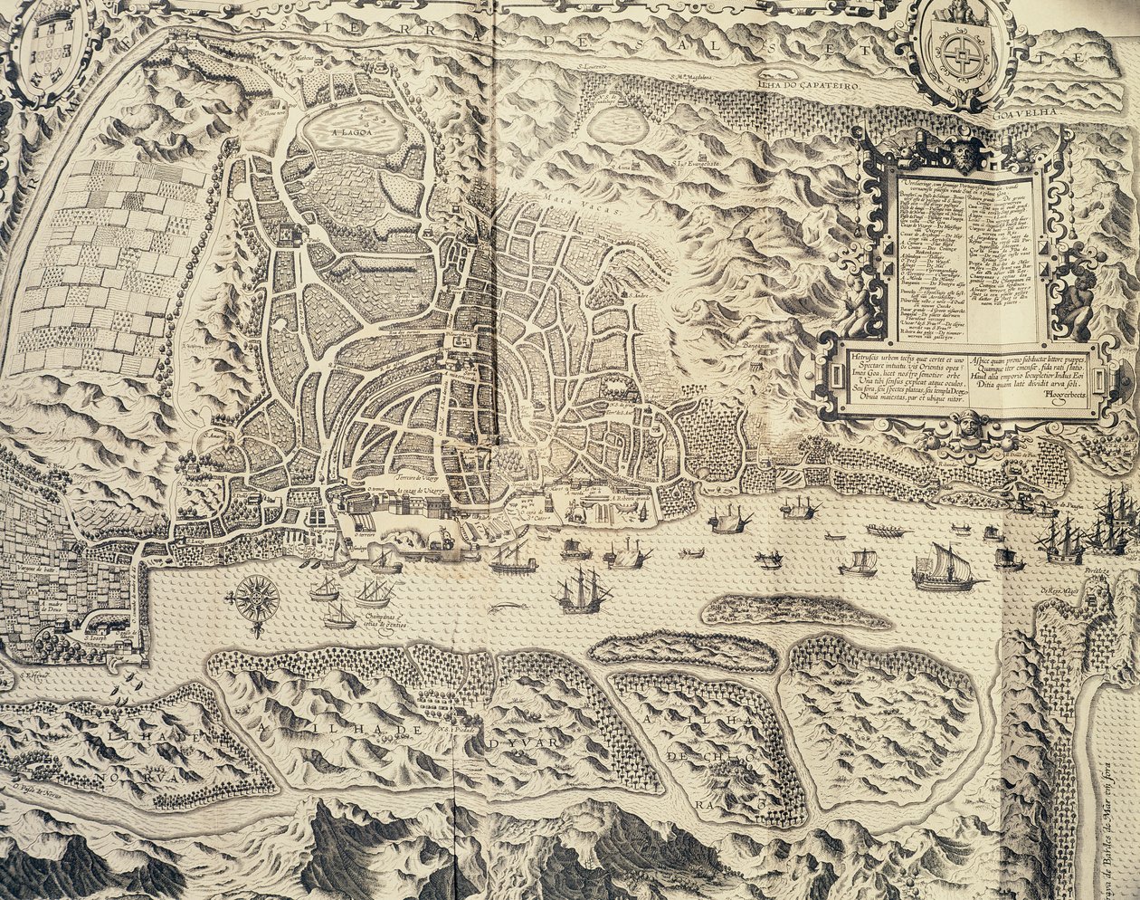 Cidade de Goa na Índia, Gravura de Theodor de Bry (1528-1598) do relato de viagem do marinheiro Jan Huyghen van Linschoten à Índia Oriental portuguesa (1579-1592),século XVI de Theodore de Bry