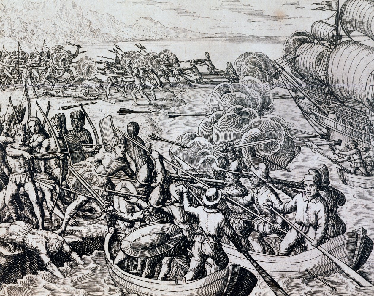 Clash entre índios nativos e tropas espanholas, gravura de Historia Americae, de Theodor de Bry (1528-1598), Frankfurt de Theodore de Bry