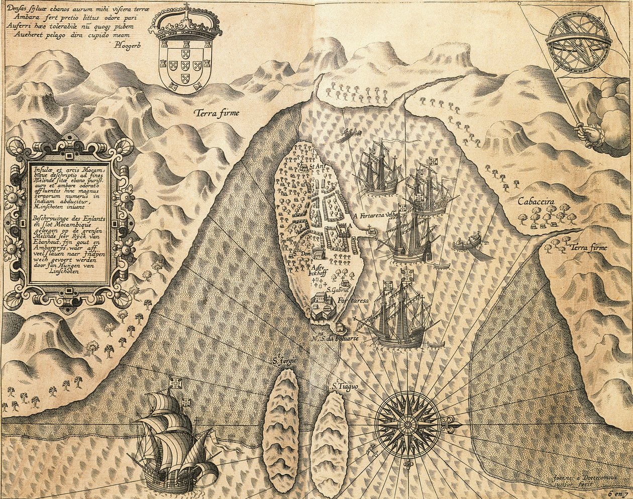 Costa de Moçambique das Índias Orientais, de Johannes Hugonis Linschooten e Theodore de Bry, gravura de Theodore de Bry