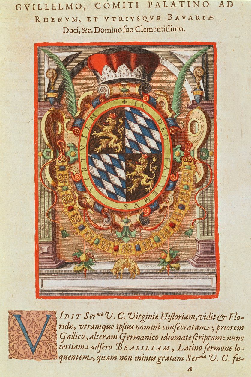 Brasão de armas, de &39;Americae Tertia Pars ..&39;, 1592 (gravura colorida) de Theodore de Bry