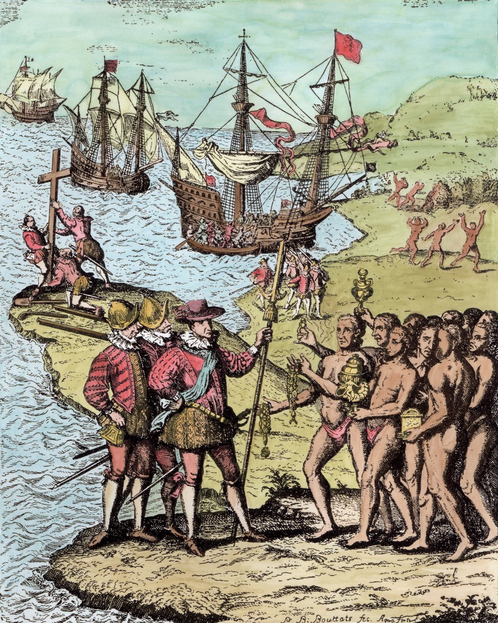 Colombo em Hispaniola, de "A História Narrativa e Crítica da América", editado por Justin Winsor, Londres, 1886 (coloração posterior) de Theodore de Bry