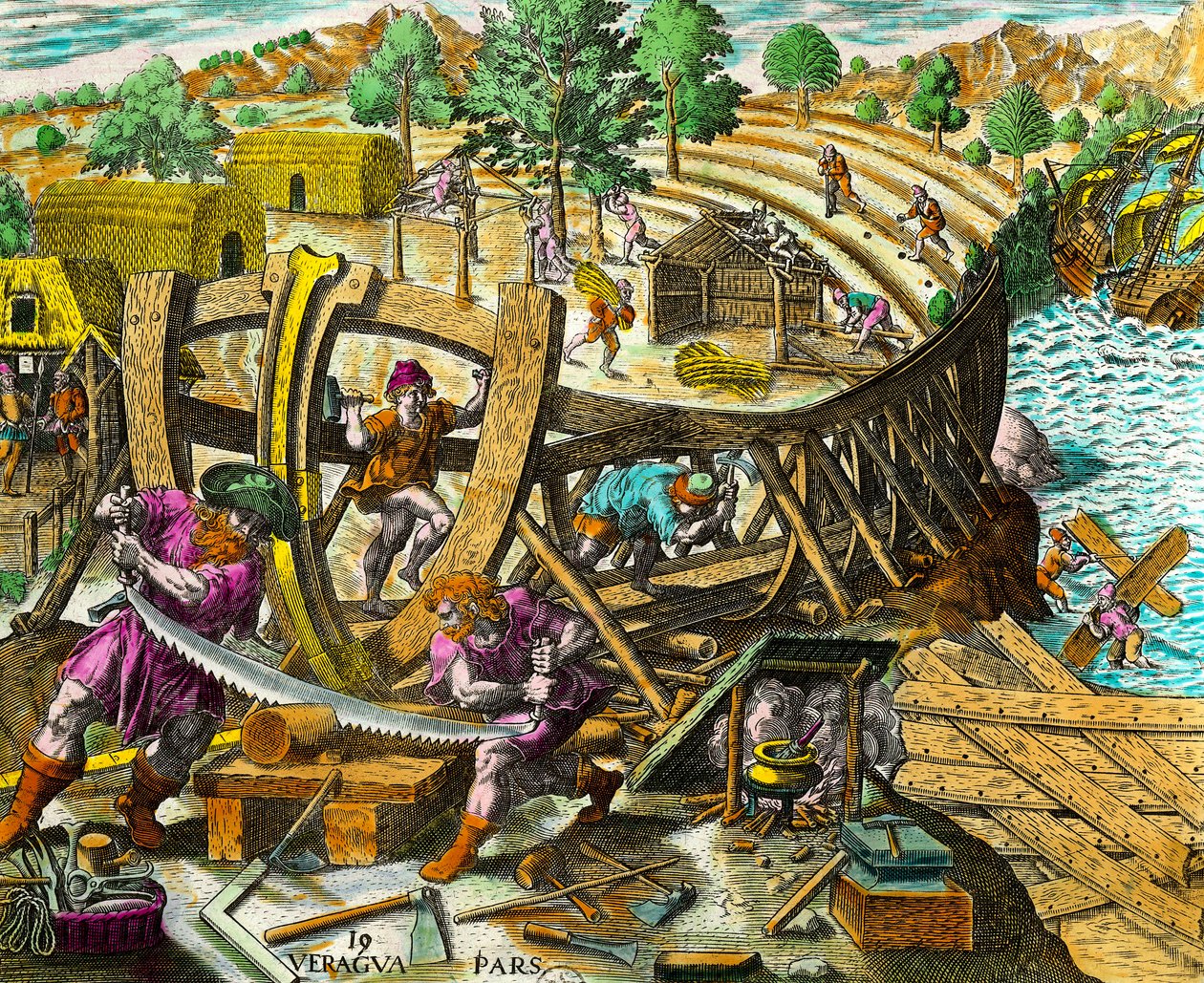 Construção de um barco para o navegador espanhol Vasco Nunez de Balboa (1475-1517) Gravura da "História das Américas" de Theodore de Bry (1528-1598) Século XVI. Coleção Particular de Theodore de Bry