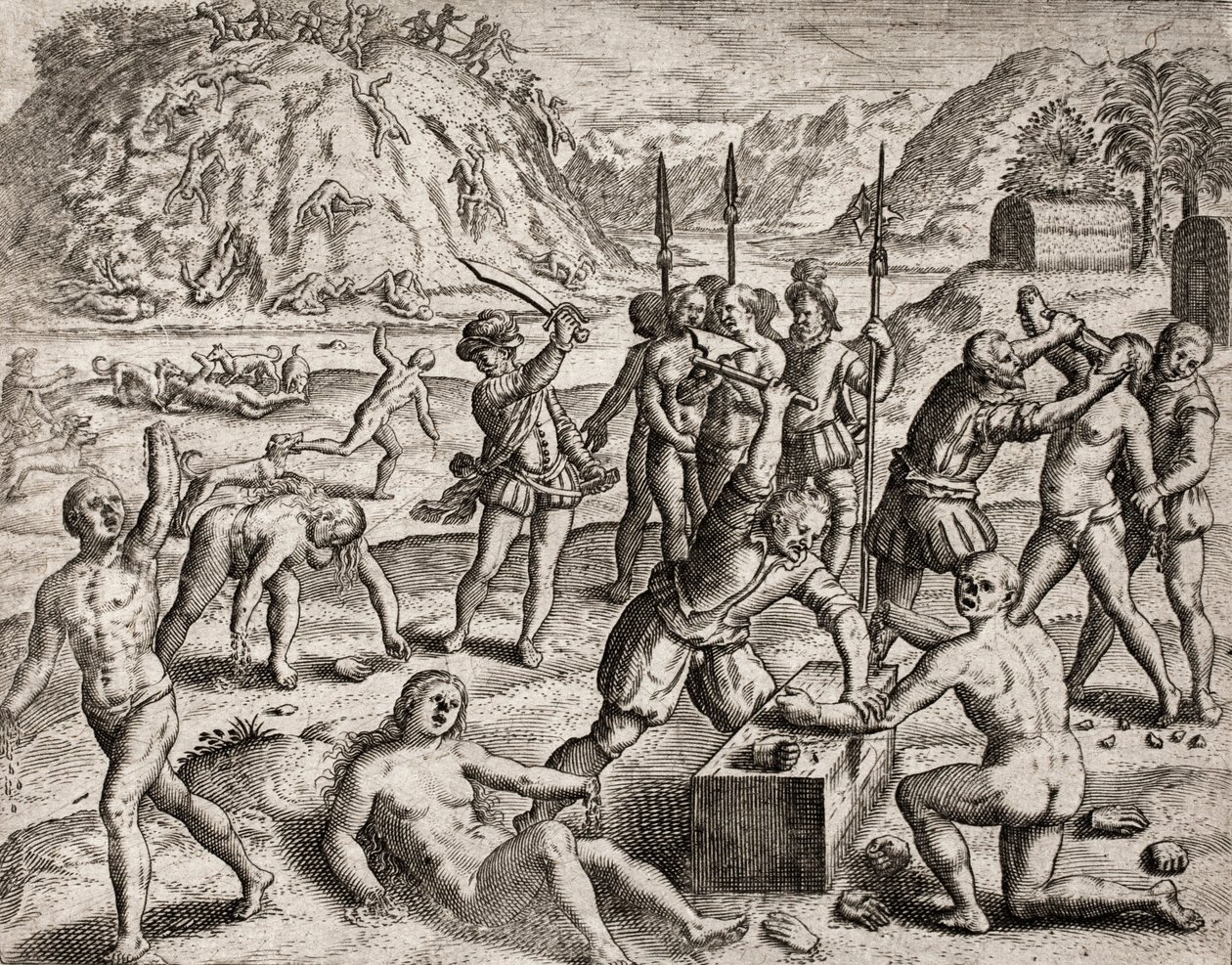 Descrição dos crimes infligidos aos índios por colonos espanhóis - Conquistadores massacrando uma aldeia indígena. Amputations des mains - Gravura de Theodore de Bry em "Narratio regionum indicarum per Hispanos quosdam devastatarum verissima" de Bartolome  de Theodore de Bry