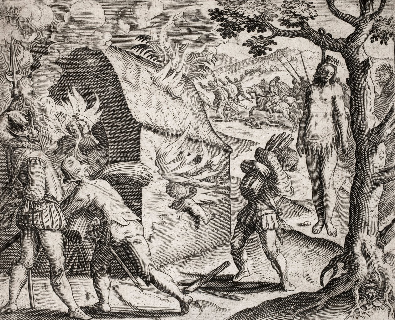 Descrição dos crimes infligidos aos índios pelos colonos espanhóis - Incêndio de uma aldeia indígena pelos Conquistadores. Enforcamento - Gravura de Theodore de Bry em "Narratio regionum indicarum per Hispanos quosdam devastatarum verissima" de Bartolome d de Theodore de Bry
