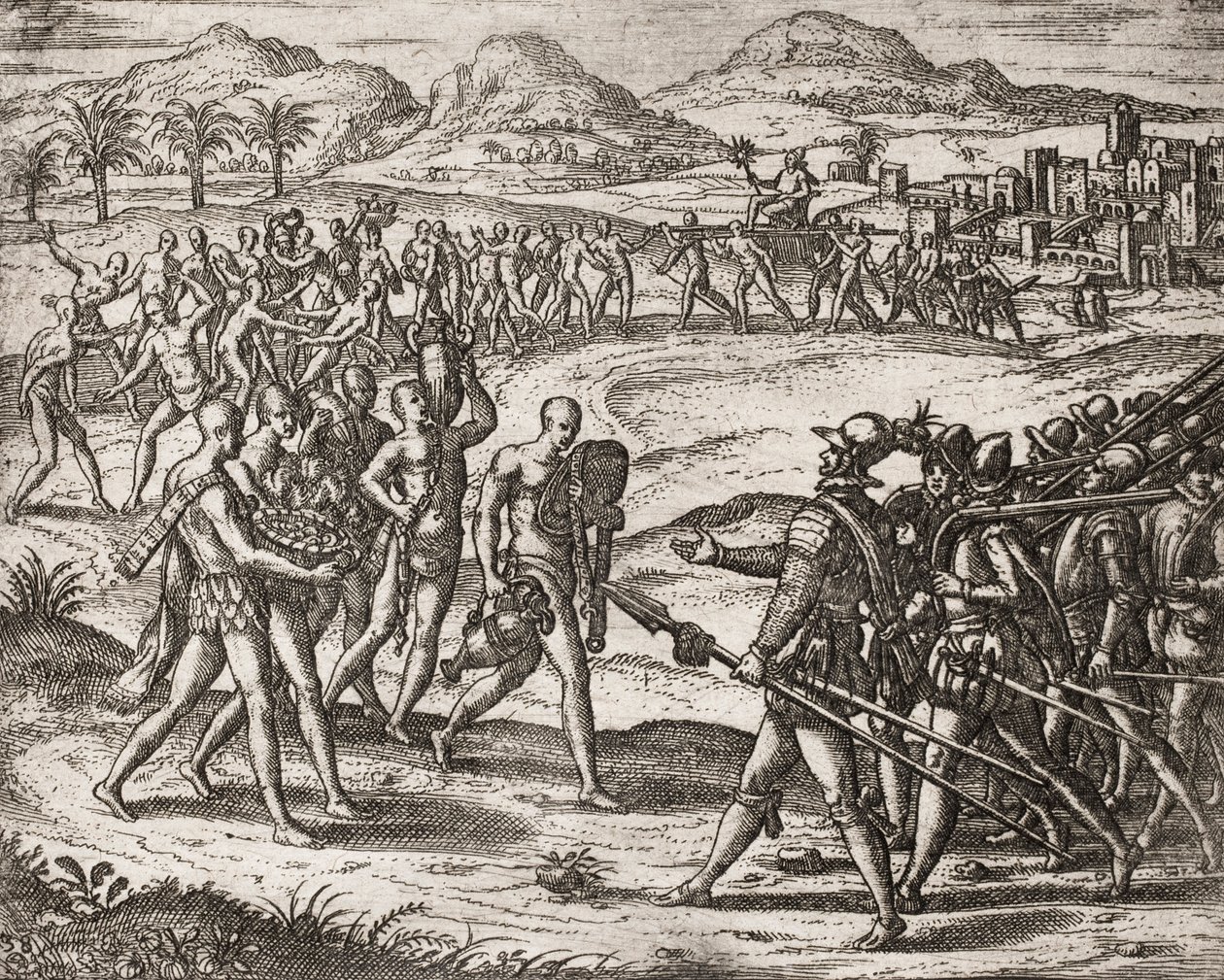 Descrição dos crimes infligidos aos índios pelos colonos espanhóis - Índios trazendo presentes e ouro aos Conquistadores - Gravura de Theodore de Bry em "Narratio regionum indicarum per Hispanos quosdam devastatarum verissima" de Bartolome de las Casas ( de Theodore de Bry