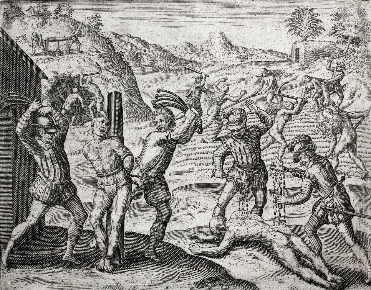 Descrição de crimes infligidos a índios por colonos espanhóis - Espanhóis torturando índios - Gravura de Theodore de Bry em “Brevisima Relacion de la Destruction de las Indias” ”por Bartolome de las Casas (1484-1566) de Theodore de Bry