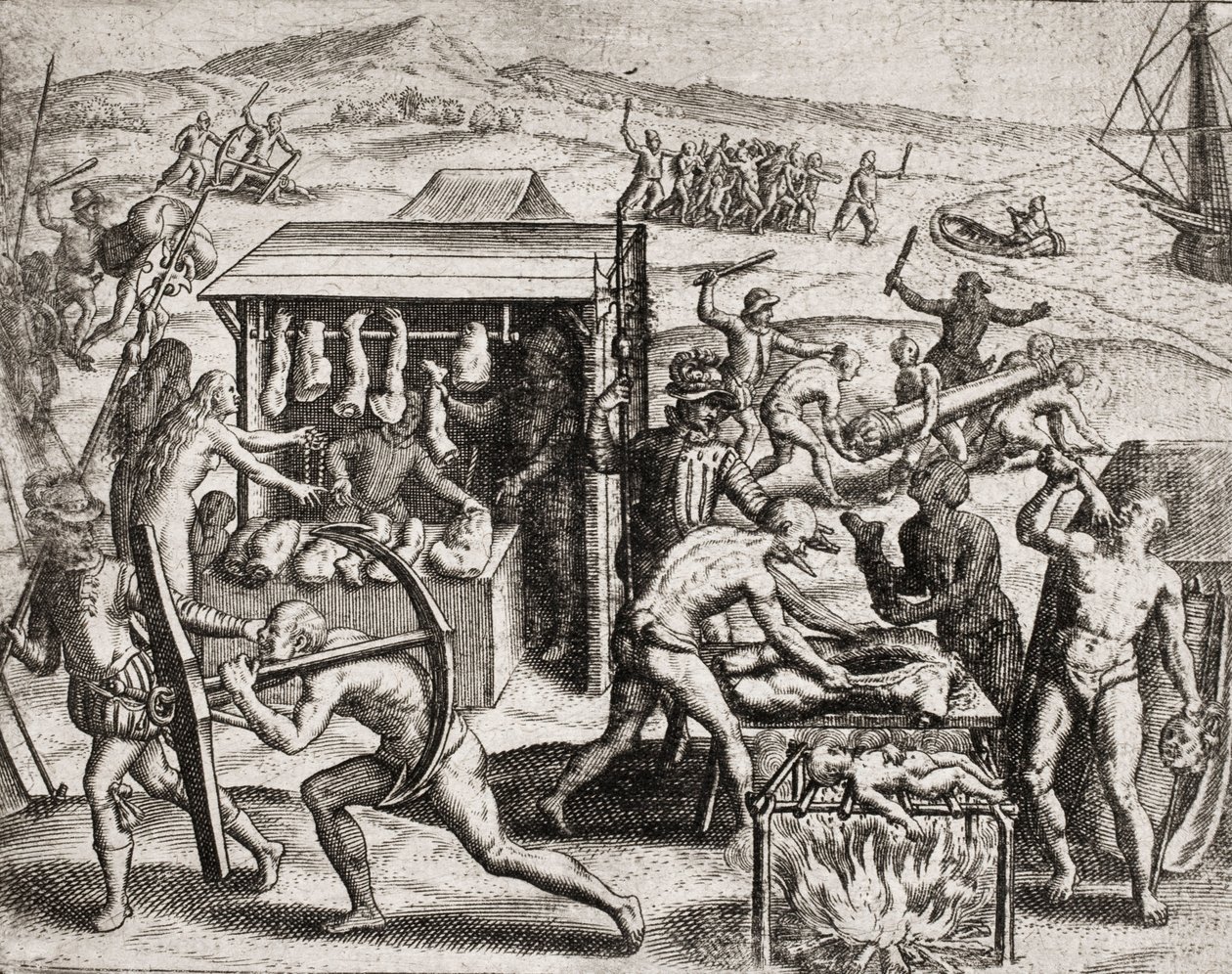 Descrição dos crimes infligidos aos índios por colonos espanhóis - Conquistadores espanhóis fazendo os índios trabalhar e maltratando-os - Índios antropófagos - Gravura de Theodore de Bry em "Narratio regionum indicarum per Hispanos quosdam devastatarum ve de Theodore de Bry